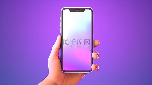 拿着手机3d背景图片_卡通风格 3D 插图，在充满活力的紫色背景下，手握着智能手机