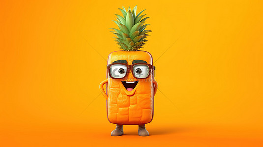 手提箱卡通背景图片_欢快的菠萝时髦吉祥物，带着橙色手提箱，站在充满活力的黄色背景 3d 渲染上