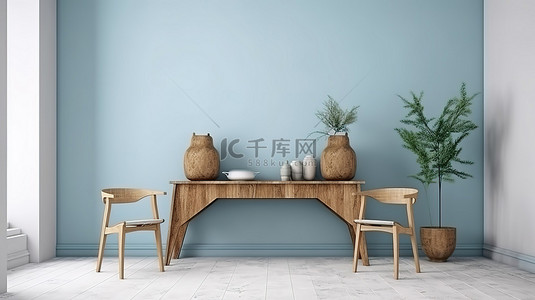 对蓝色背景图片_时尚的室内设计 3D 渲染木制控制台和椅子对蓝色壁纸墙