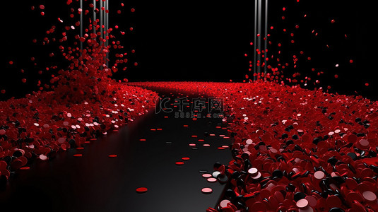 圣诞背景夜背景图片_红地毯与五彩纸屑和体积光在黑色背景上的 3d 渲染
