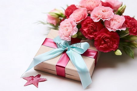 包装康乃馨背景图片_康乃馨包装在礼品盒中，并附有礼品标签