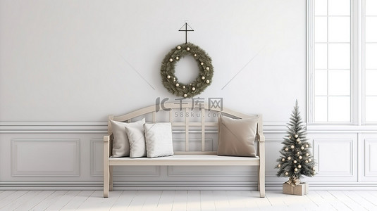农舍入口处的木凳的 3D 渲染，配有白色墙壁内饰，用于圣诞节装饰