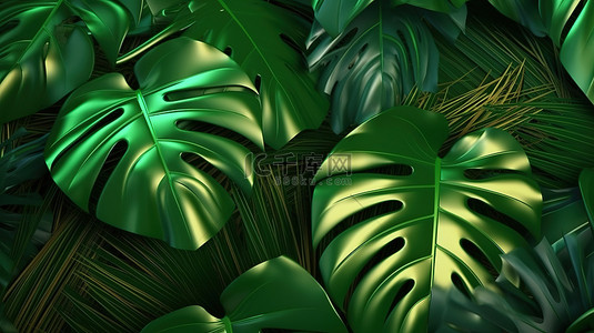 夏威夷裤背景图片_充满活力的绿色背景上龟背竹叶的 3D 插图