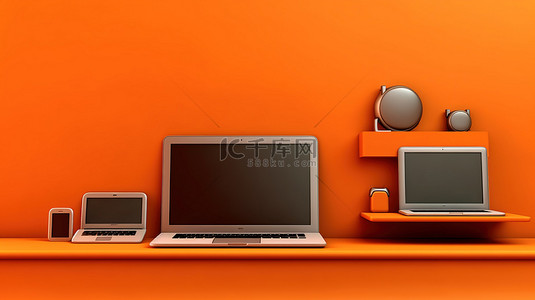 科技橙色背景图片_橙色墙架展示数字设备笔记本电脑手机和平板电脑 3D 插图