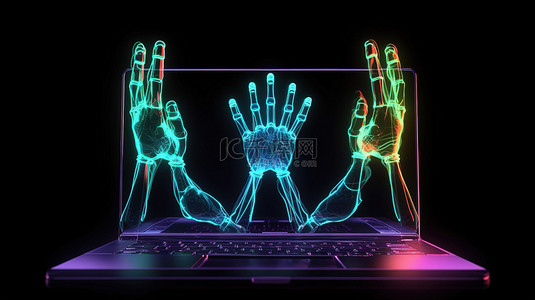 笔记本电脑屏幕附近虚拟手的发光数字小工具隔离 3D 渲染