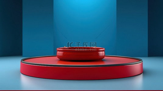 中国背景红色背景图片_蓝色背景上中国风格的红色讲台和平底锅的 3D 渲染，用于产品展示