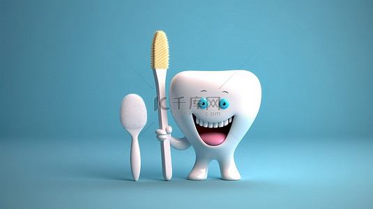 卡通牙齿和牙刷的可爱 3D 渲染