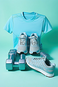一双蓝色运动鞋和哑铃放在蓝色衬衫旁边