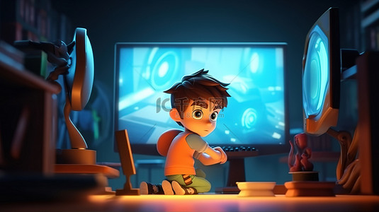 儿童趴在书桌背景图片_年轻人在电脑上玩视频游戏，复制空间 3D 插图卡通