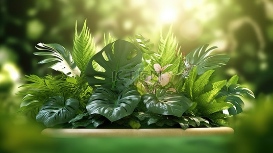 小家背景背景图片_郁郁葱葱的热带自然夏季背景下的 3D 插图中的绿色植物体现了生态和环境的概念