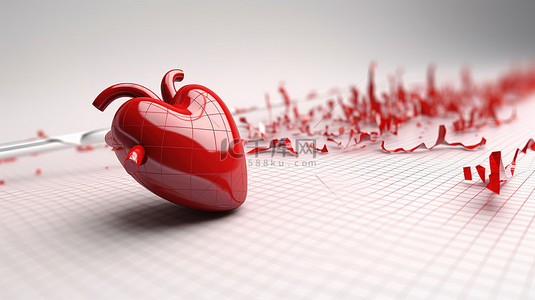 三维心脏背景图片_带有心脏和心电图的白色背景的 3D 插图