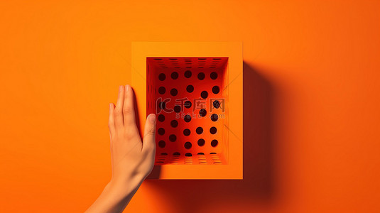 在橙色背景上通过 3D 渲染中的方孔手持礼品盒
