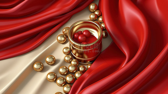 丝绸背景图片_金色镶边红色窗帘，配有化妆品和奶油顶视图，非常适合化妆品演示 3D 渲染