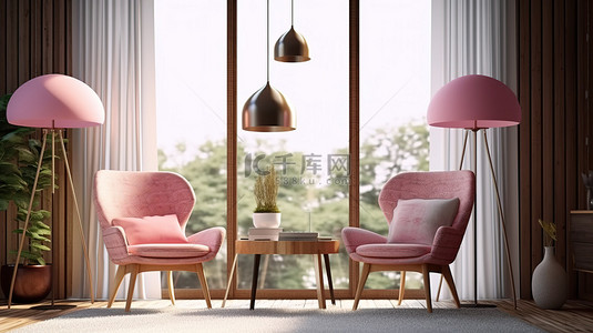 客厅的 3D 渲染配有木制台灯和粉色扶手椅
