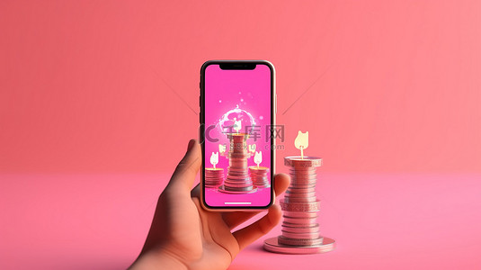 加密投资概念智能手机手持烛台和粉红色背景 3D 渲染的硬币