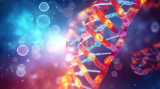 医疗中背景图片_DNA 链和癌细胞的 3D 插图科学和医学中的概念表示
