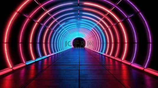 3d 渲染霓虹灯隧道，带有反射红光和蓝光