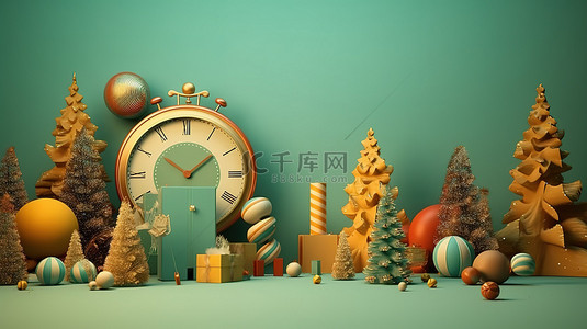 圣诞节或新年庆祝活动的欢乐节日背景 3D 渲染