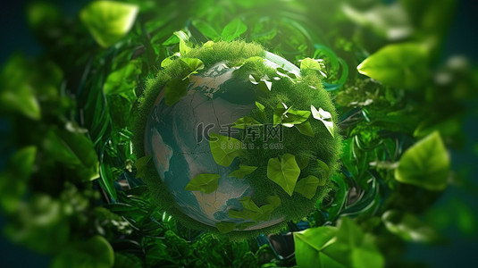地球的 3d 渲染坐落在郁郁葱葱的绿叶之间