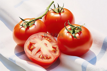 四个切片西红柿坐在白毛巾上
