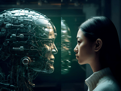 金融电脑背景背景图片_人工智能机器人与人类面对面广告背景