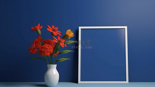 皇家蓝色背景与 3d 渲染单个海报框架和花卉布置