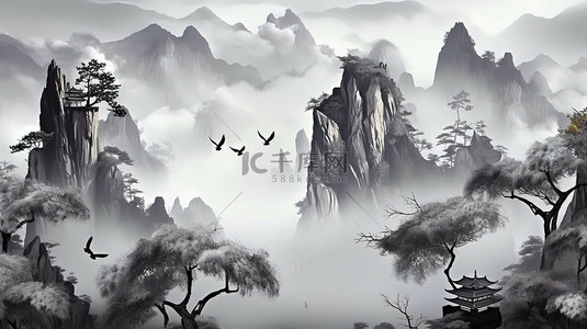 春天的鸟背景图片_灰色画布上的 3D 中国风景，有圣诞树鸟山和白云