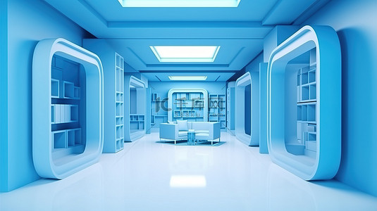 蓝色科技背景下的未来元宇宙室 3D 渲染概念