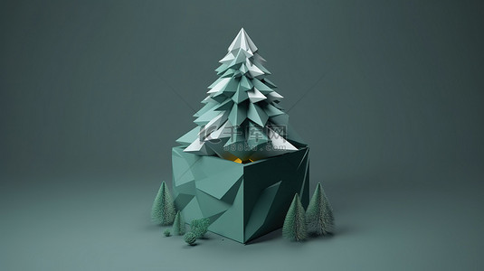 在灰色背景上以低多边形立方体盒样式呈现的绿色圣诞树 3d
