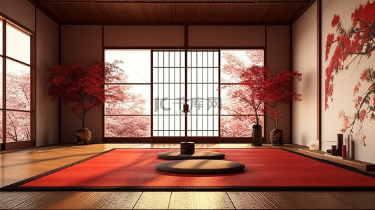 传统日式旅馆中配有榻榻米地板的宁静日式禅宗风格红色房间的 3D 渲染