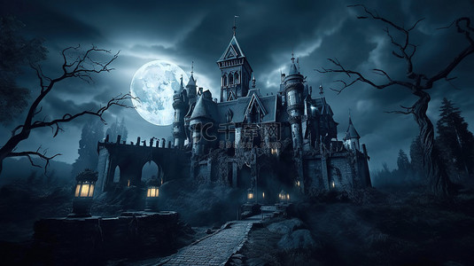 万圣节夜景中怪异的 3D 渲染黑色城堡