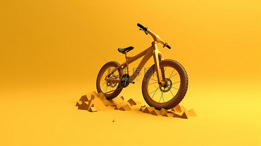 充满活力的黄色背景上抽象黄色粘土风格的山地自行车的 3D 渲染