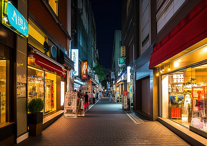 明亮城市中一条有许多商店的街道