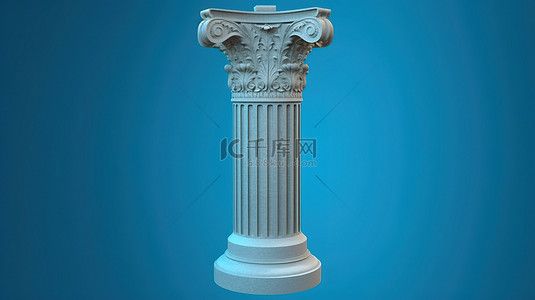 蓝色背景上具有独特首都的孤立古希腊柱的 3D 渲染