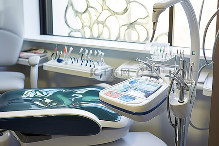牙科机器和带有银制工具的牙科工作台