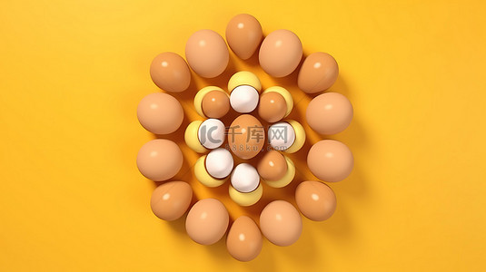 吃黄色背景图片_3D 渲染黄色背景上鸡蛋的鸟瞰图