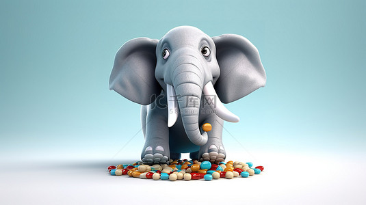 彩色 3D 大象拿着药丸，上面有有趣的插图