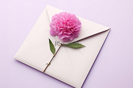 一朵紫色的花坐在白色的信封上