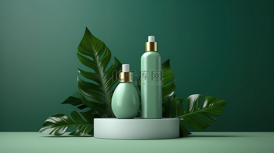 绿色背景 3D 渲染化妆品瓶讲台装饰着郁郁葱葱的叶子