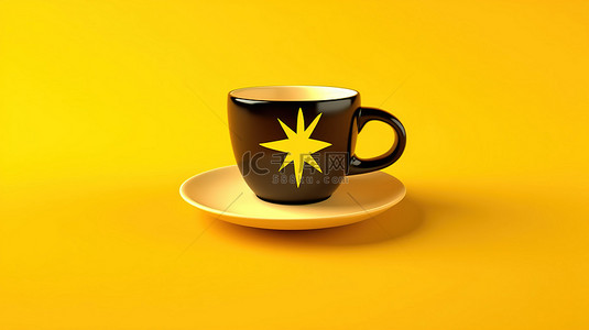 力量的象征 3d 在充满活力的黄色背景上呈现一杯黑咖啡