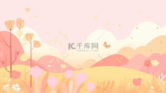 自然秋季背景图片_田野花树云朵秋天装饰插画自然背景简单背景