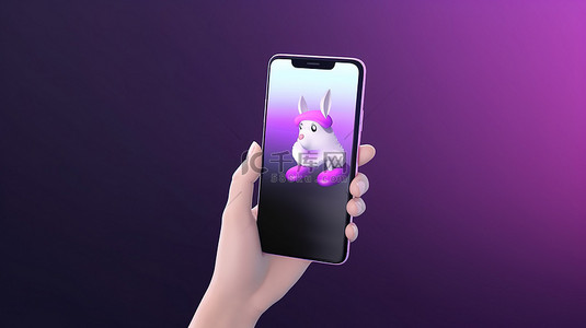 3D 卡通手与智能手机隔离在紫色背景上，用于手机使用的模型