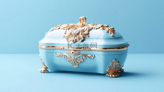 柔和的蓝色背景上精美的配件宝盒，3D 渲染的杰作