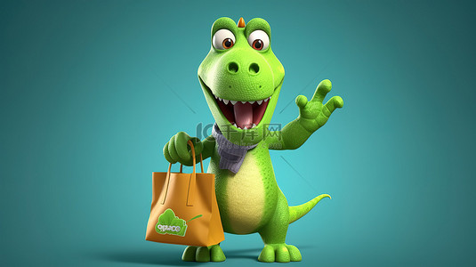 牙齿卡通人物背景图片_抓着购物袋的搞笑 3D 恐龙人物