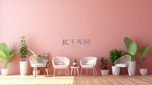 空荡荡的粉红色墙壁房间，配有木地板椅子和盆栽植物商业内部 3d