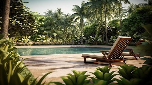 后院草坪背景图片_棕榈树环绕的现代后院，配有 3D 渲染的草坪椅和游泳池