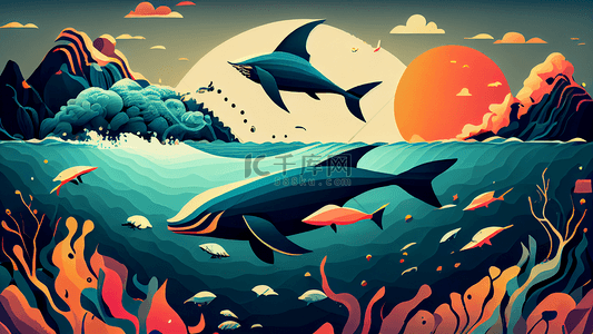 蓝色海洋生物背景图片_海洋鲨鱼海草插画背景