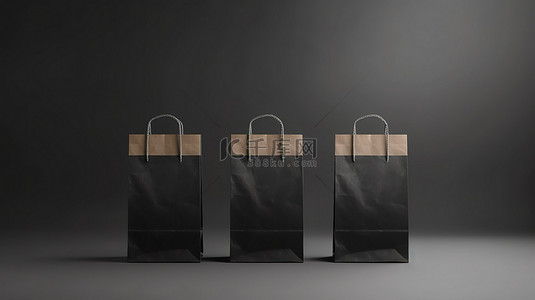 工艺设计背景图片_绿色包装样机牛皮纸袋，正面设计，灰色背景黑色窄模板，用于促销广告 3D 渲染