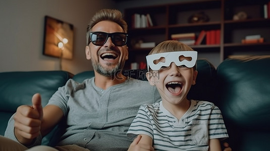 父子二人在家欣赏 3D 电影，微笑着咀嚼爆米花