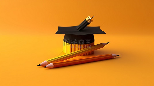 3D 渲染的教育理念插图与橙色背景研究生帽和铅笔